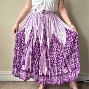 Vintage Purple Boho Tiered Maxi Skirt - Lavender Panel Print